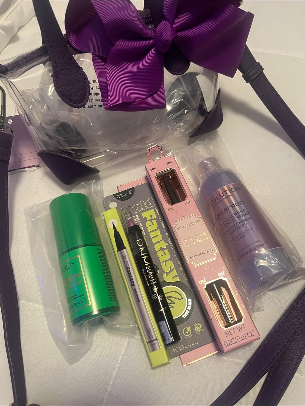 Clear Crossbody Bag with Purple Trim & Decorative Hair Bow & Beauty Bundle New